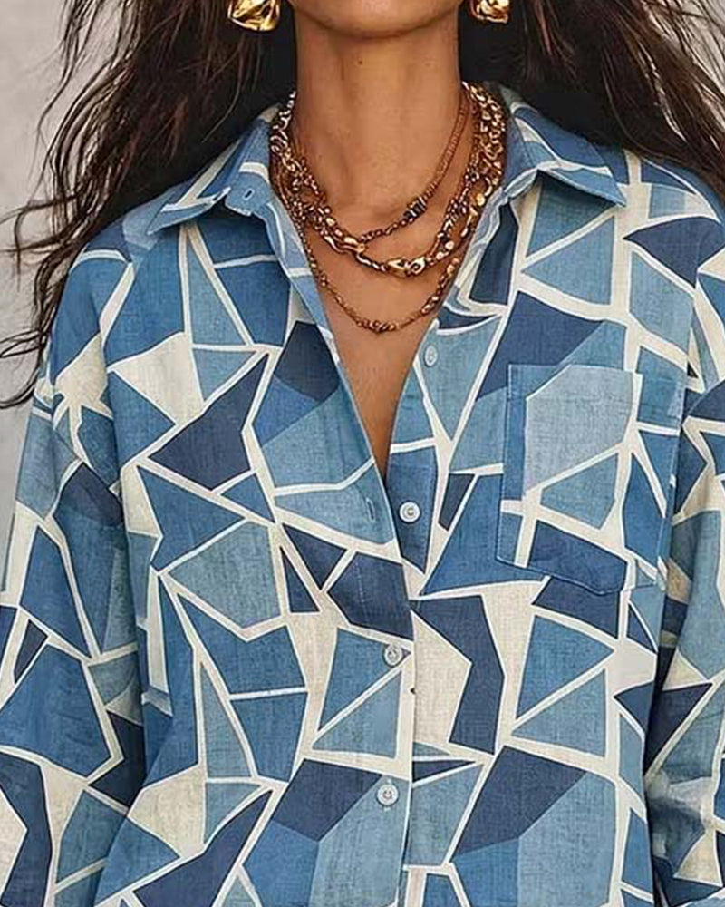Geometric Print Collar Long Sleeve Blouse