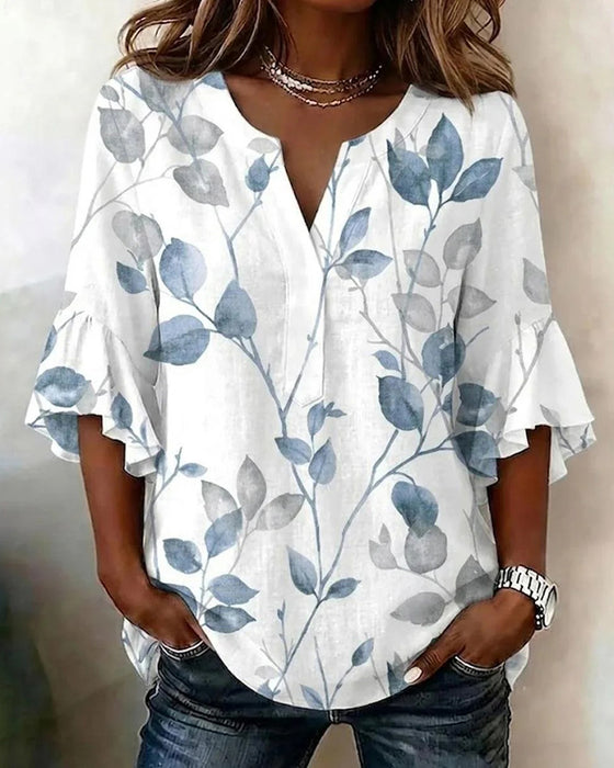 Flutter Flare Sleeve Leaf Print Blouse