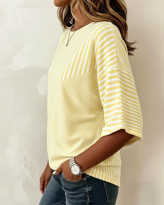 Striped Crew Neck Color Block T-Shirt