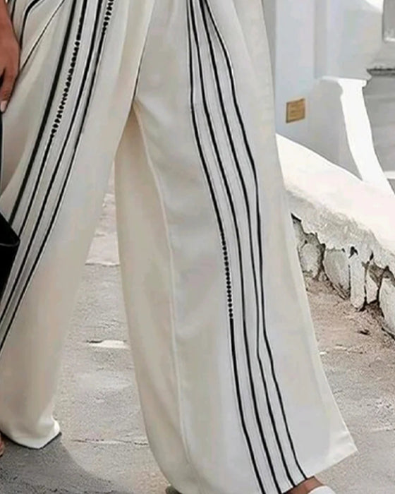 V-Neck Cross Stripe Wide-Leg Set