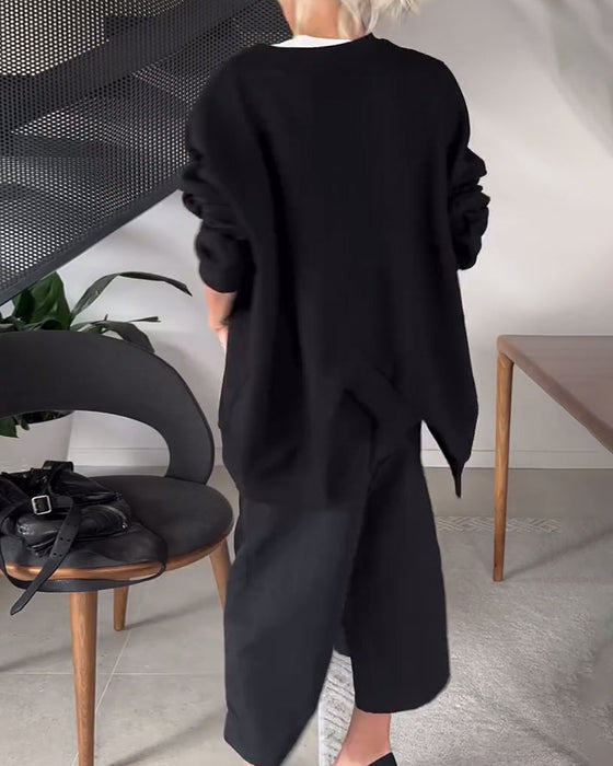 Solid color casual round neck slit sweatshirt