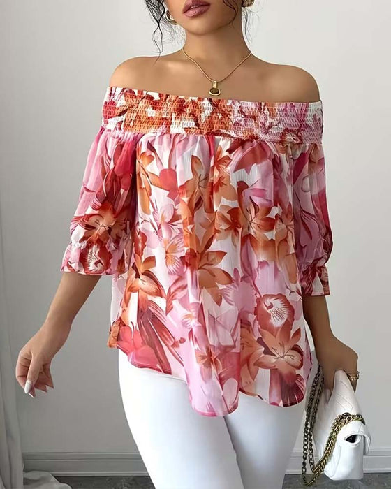 Off-Shoulder Print Bubble Sleeve Blouse