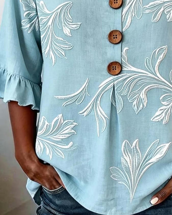 Ruffle Sleeve Three-Button Blouse