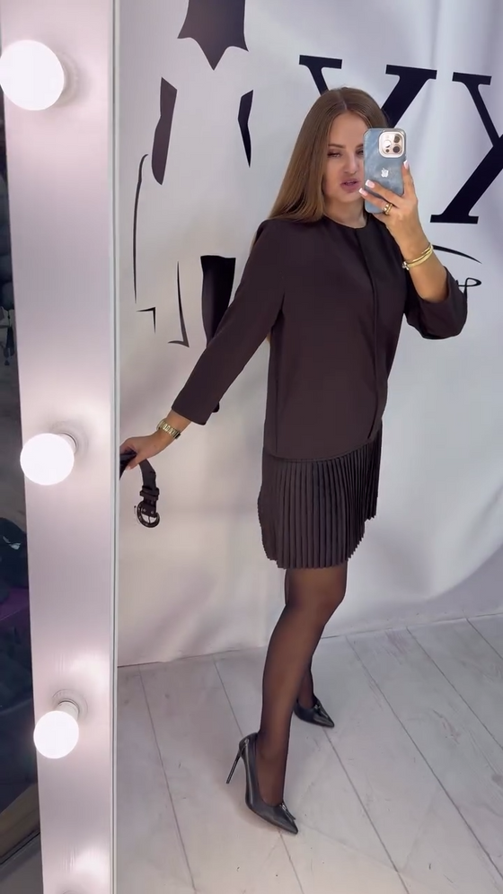 Three-Quarter Sleeve Accordion Pleated Dress