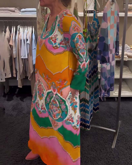 Printed V neck long sleeve dress