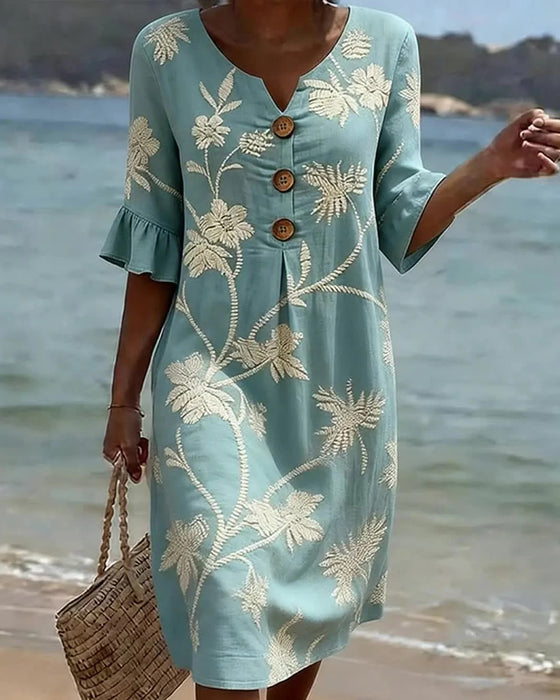 Petite V-Neck Ruffle Three-Quarter Sleeve Dress