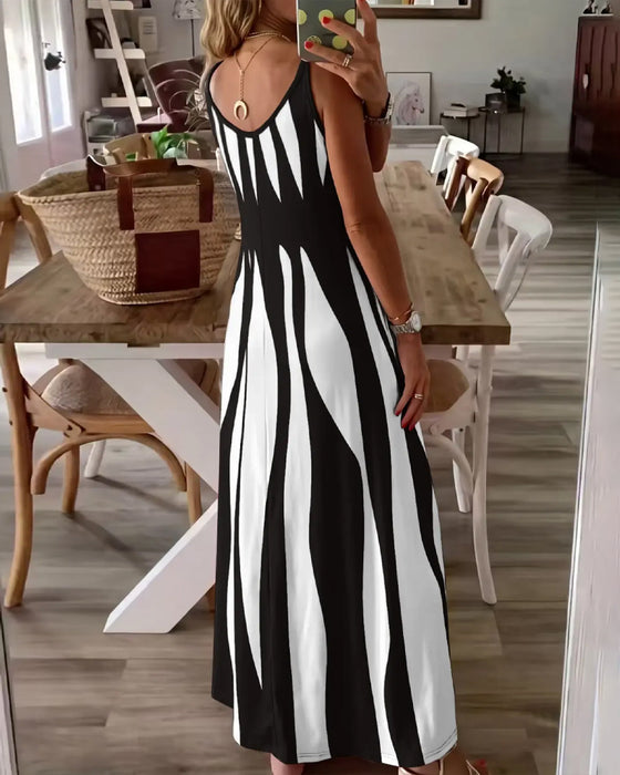Striped Patchwork Suspender V-Neck Dress