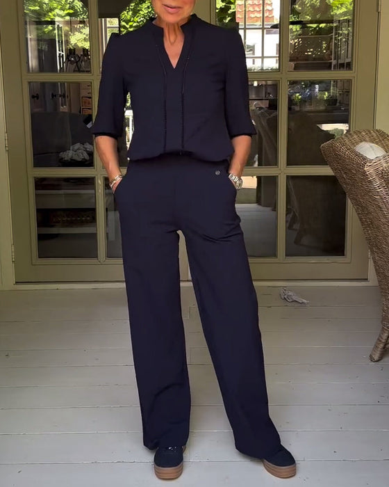 Fashion solid color V-neck pocket set