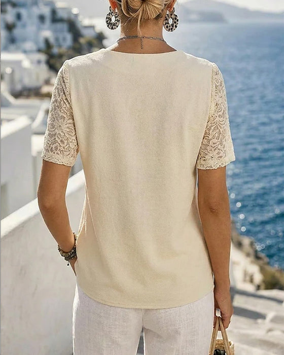 V-Neck Lace Patchwork Solid Blouse