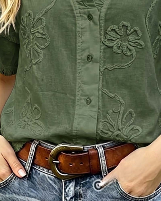 Fringed Hem Puff Sleeve Blouse