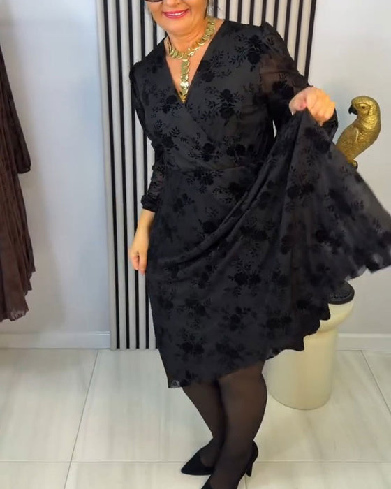 Floral V-Neck Long-Sleeved A-Hem Dress
