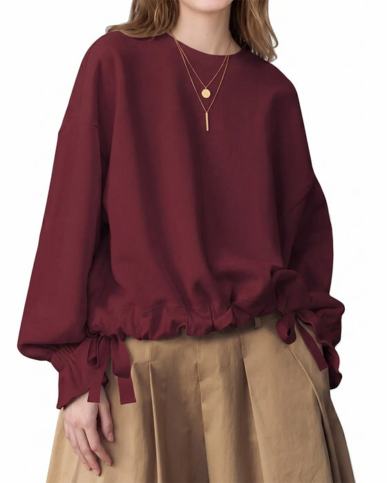 Crew-Neck Ruffle Tie Elastic Sweatshirt