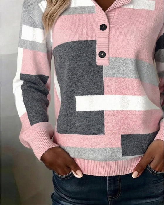 Checkered Button-Front Long-Sleeve Pullover