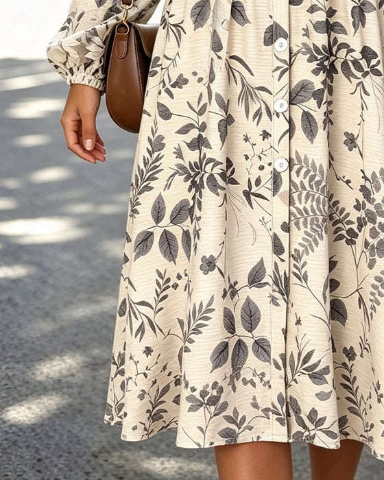 V-Neck Button Ruched Puff Sleeve Dress