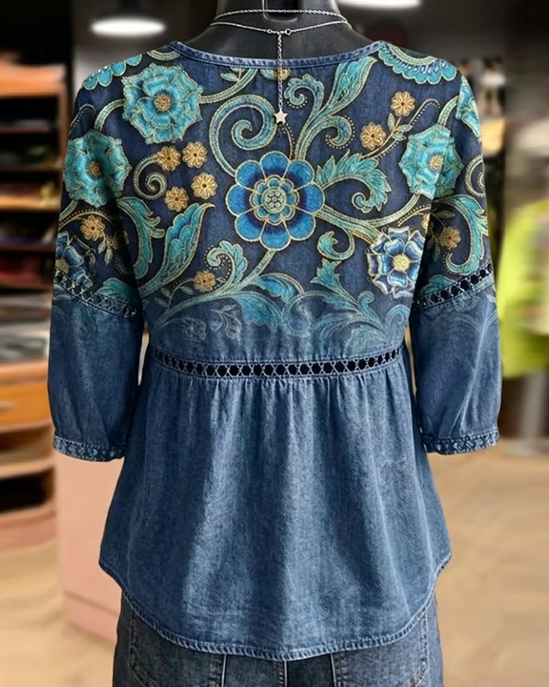Hollow Out Print Vintage Blouse