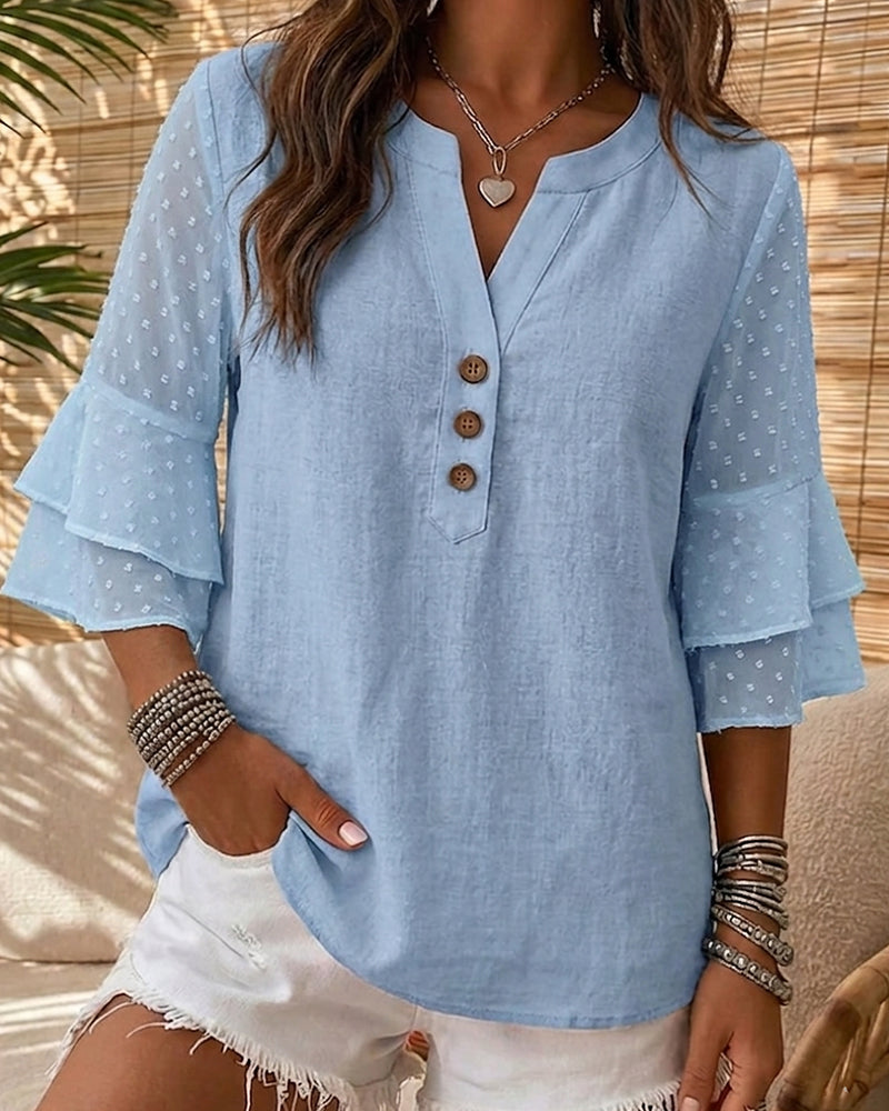 Button Bell Sleeve Blouse