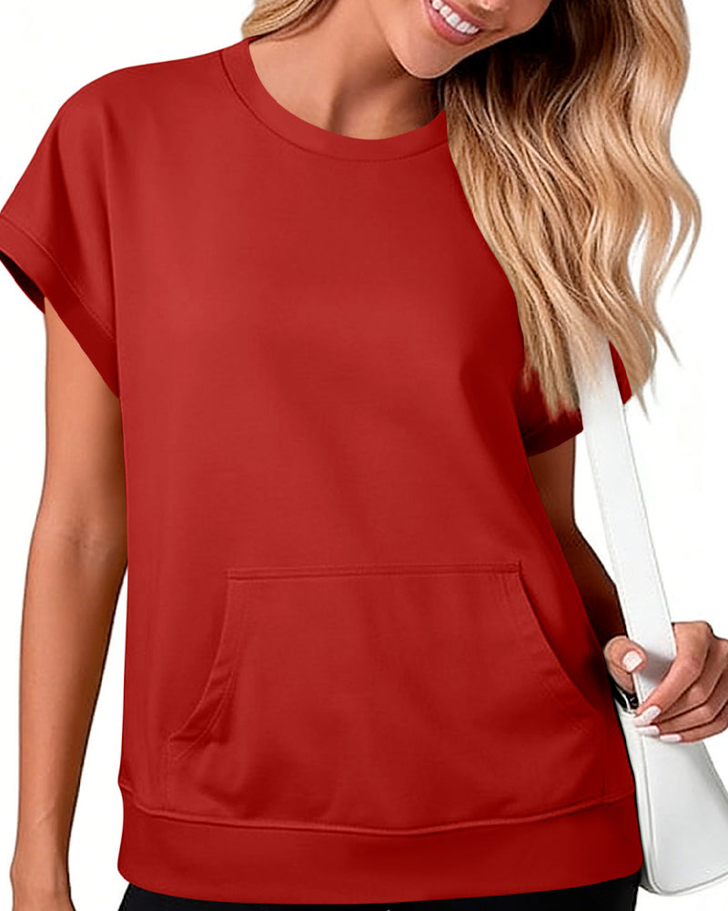 Front Pocket Solid Color Round Neck Blouse