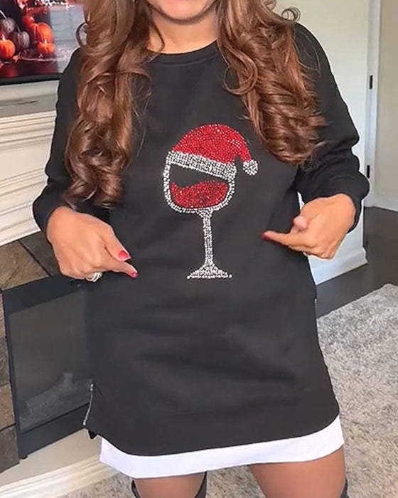 Wine Glass Christmas Print Long Sweatshirt Dress