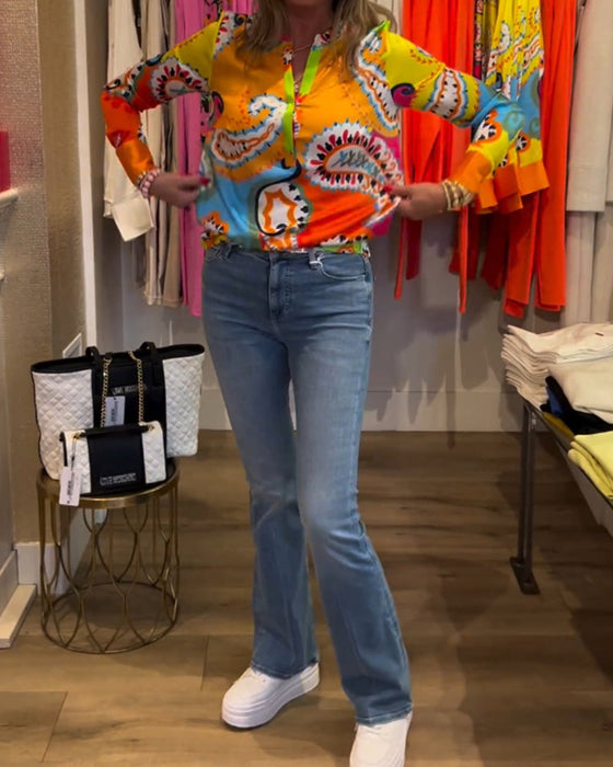 Colorful printed V-neck long-sleeve blouse