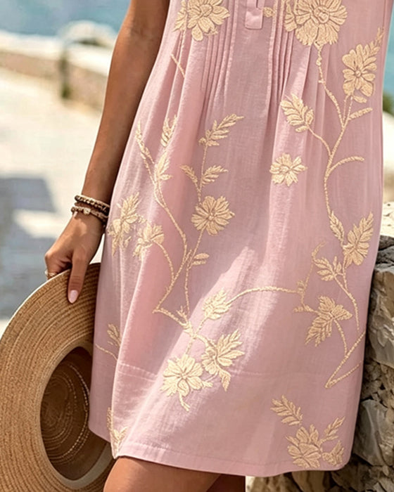 Round Neck Sleeveless Button Pleated Print Dress