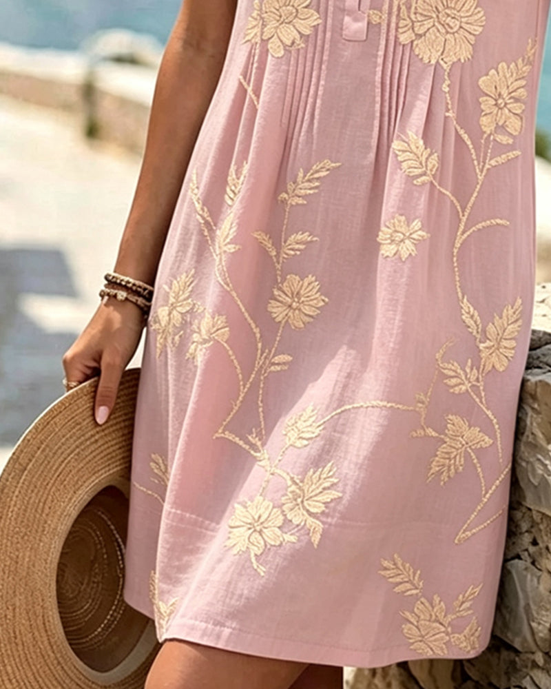 Round Neck Sleeveless Button Pleated Print Dress
