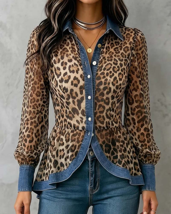 Denim Leopard Patchwork Waist-Cinching Blouse