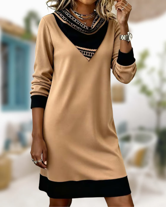 Cowl Neck Color-Block Patchwork Dress