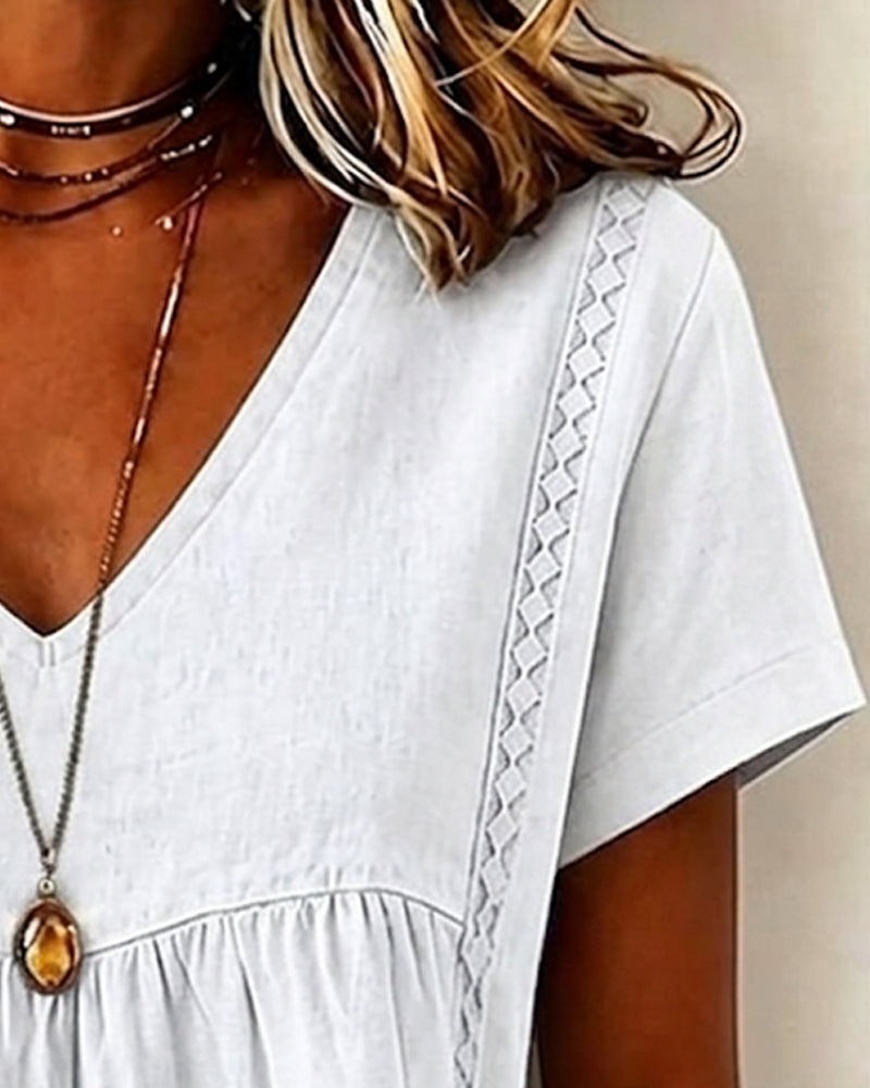 V-Neck Shirred Short Sleeve Blouse