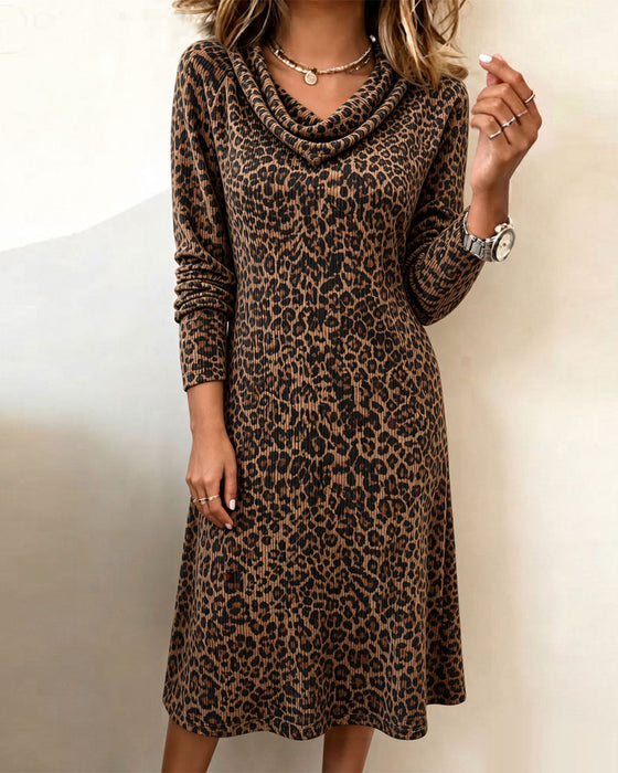 Slouchy Mock Neck Leopard Long Sleeve Dress