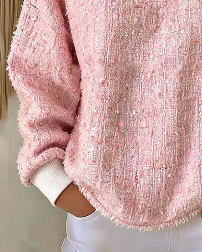 Tweed Henley Collar Button-Up Sweatshirt