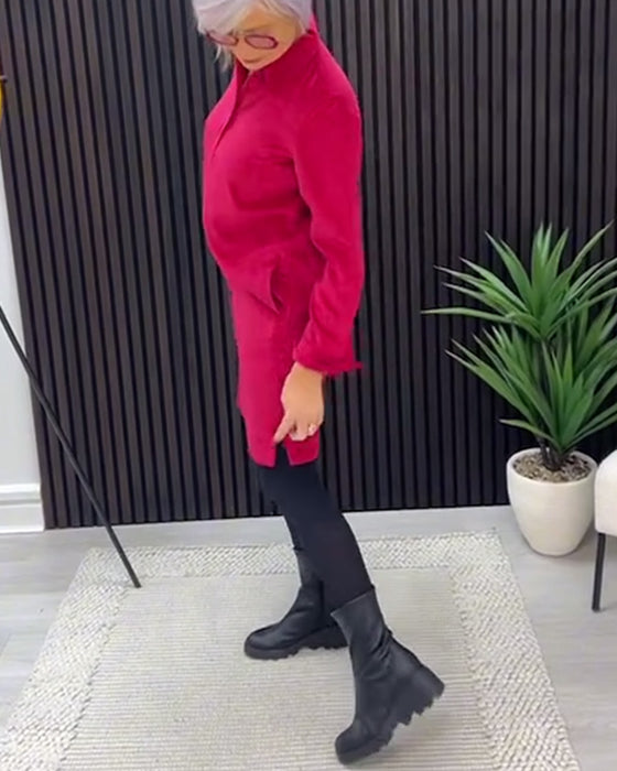 Solid Color Long-Sleeved Lapel Dress