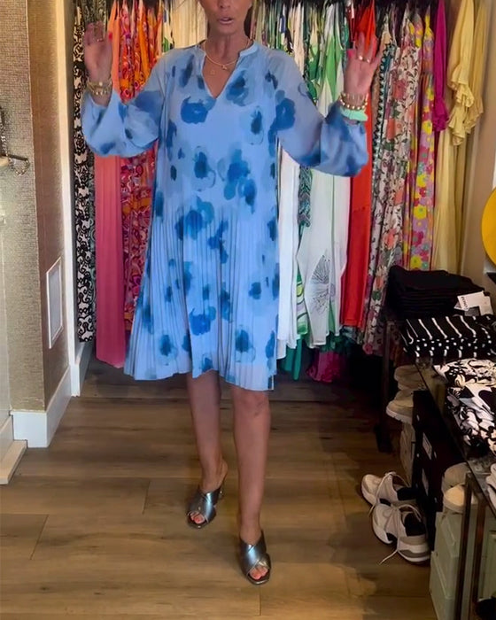 Floral print pleated long-sleeved dress