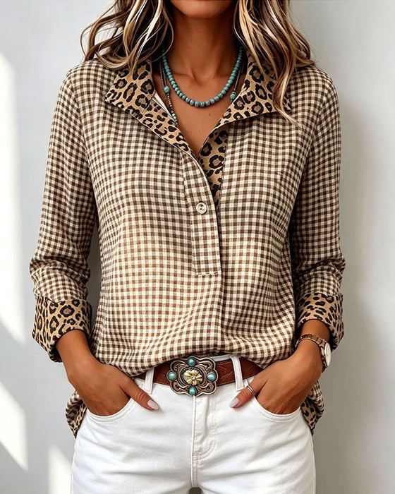 Plaid Leopard Long Sleeve Casual Shirt