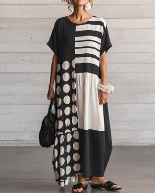 Crew Neck Short Sleeve Polka Dot Patchwork Dress