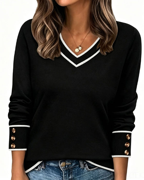 Colorblock V-Neck Trim Button Pullover