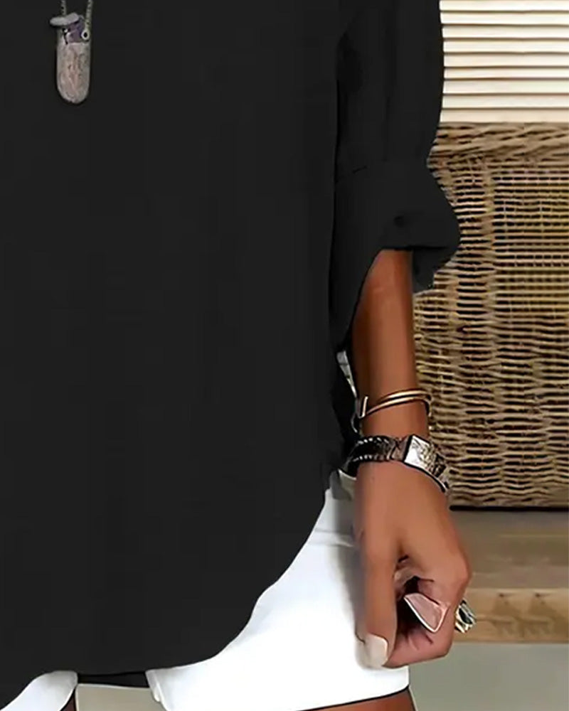 V Neck Irregular Solid Color Long Sleeve Blouse