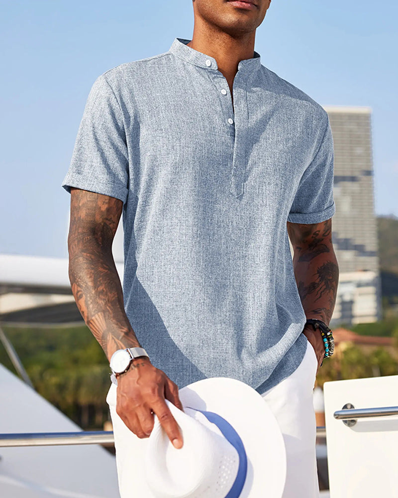Stand Collar Half-Placket Henley Shirt