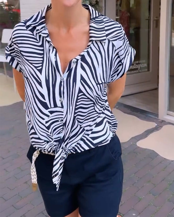 Zebra Print Lapel Short Sleeve Blouse