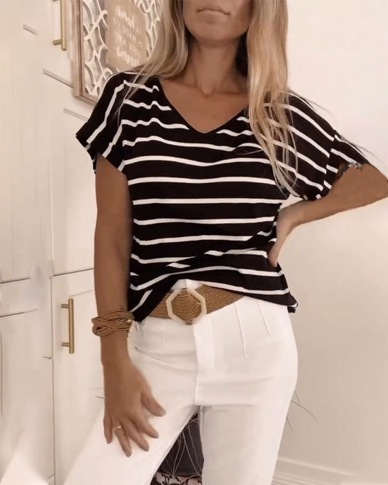 Simple striped printed V-neck casual top