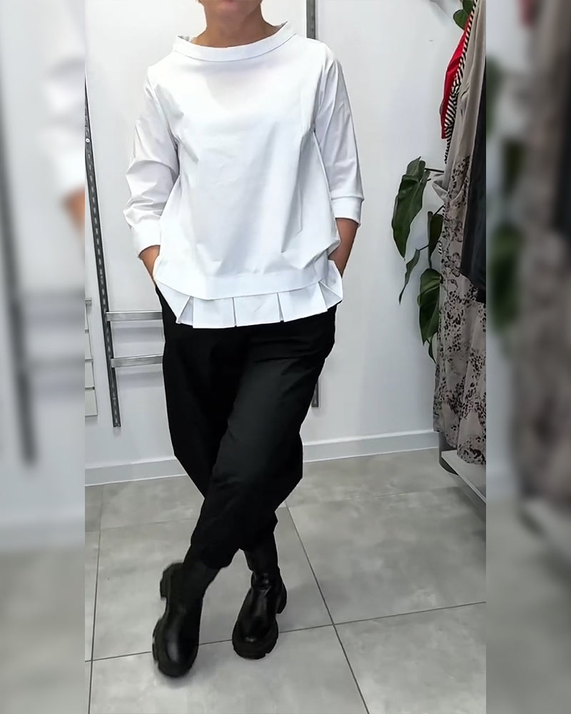 Wide-Collar Solid Color Casual Blouse