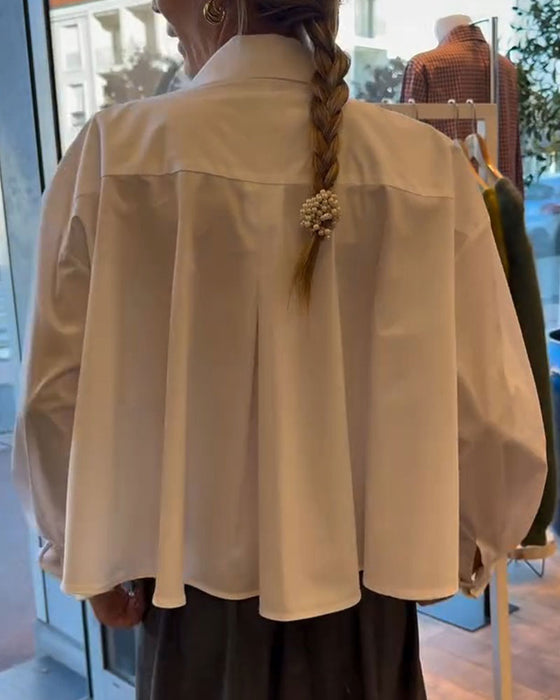 Lapel V-Neck Cropped Long Sleeve Blouse
