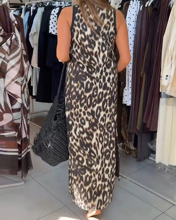 Crewneck Leopard Print Sleeveless Maxi Dress