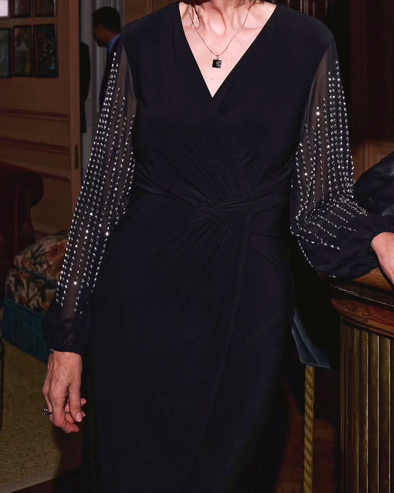 V-Neck Long Sleeve Fitted Waist Midi Dress