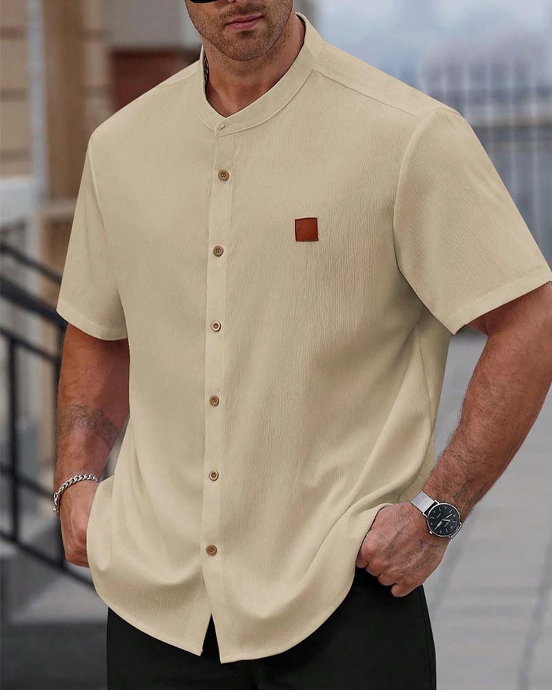 Textured Stand Collar Short Sleeve Shirt