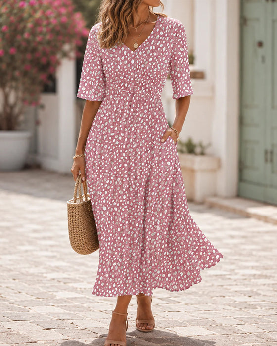 V-Neck Polka Dot Ruffle A-Line Dress