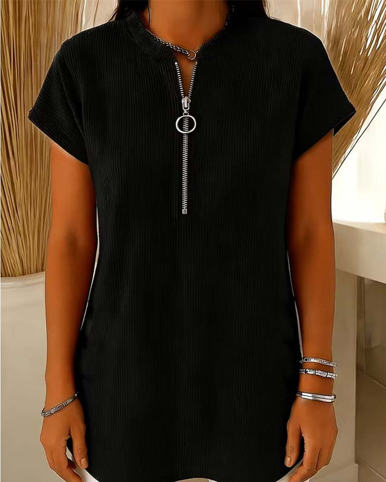 Solid Short Sleeve Zip Blouse