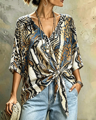 Animal Print Patchwork V-Neck Bandage Top