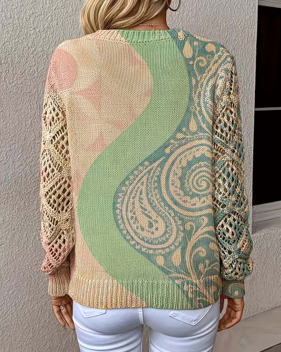 Color Block Hollow Out V-Neck Knit Pullover