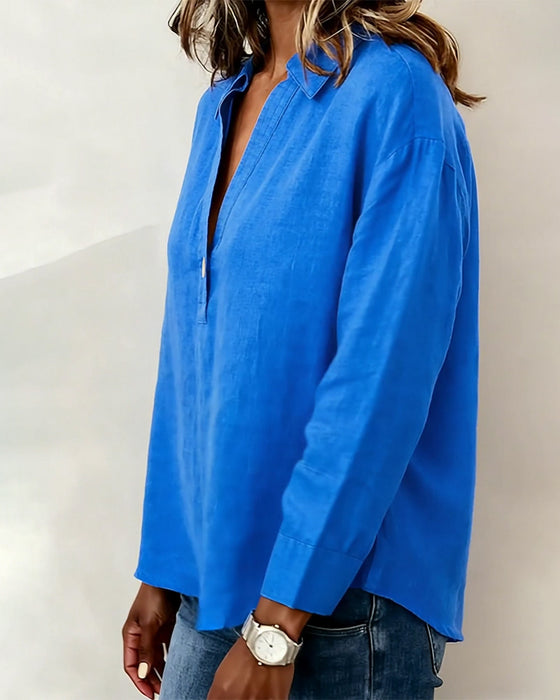 Long-Sleeved Solid-Color Button-Down Blouse