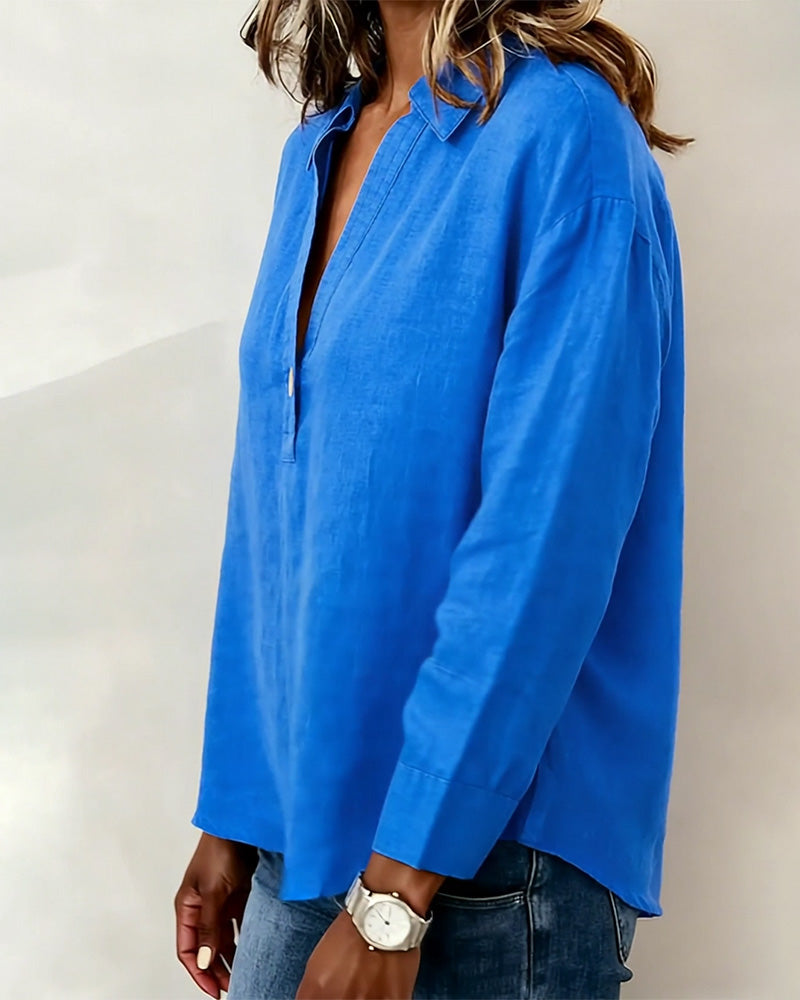 Long-Sleeved Solid-Color Button-Down Blouse